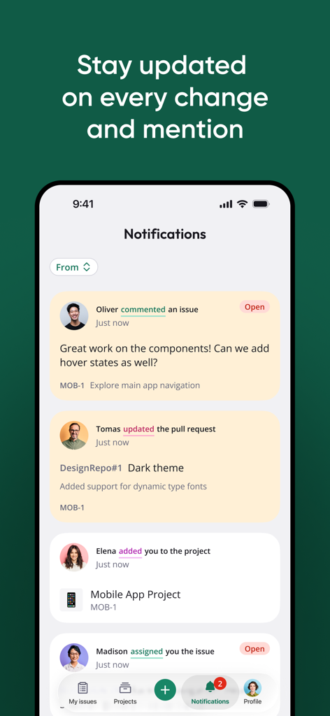 Pantalla de notificaciones de la aplicación de gestión de proyectos Backlog que muestra actualizaciones de tareas y comentarios del equipo en un iPhone