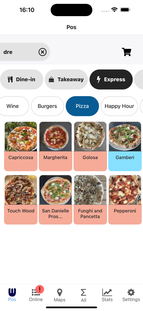 Whoods - Whoods app Point of Sale screen displaying a pizza menu with dine-in and takeaway options