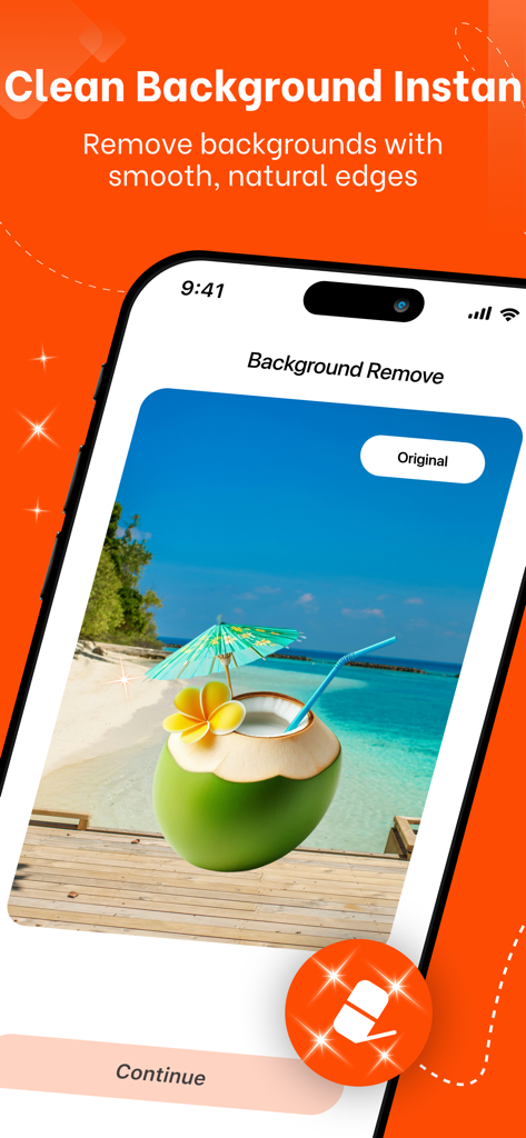 Photo Retouch Remove Objects - Interface do aplicativo móvel para remoção instantânea de fundo com bordas naturais suaves.