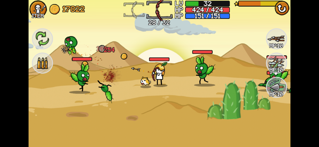 Un arquero elfo stickman luchando contra monstruos cactus en un nivel del desierto.