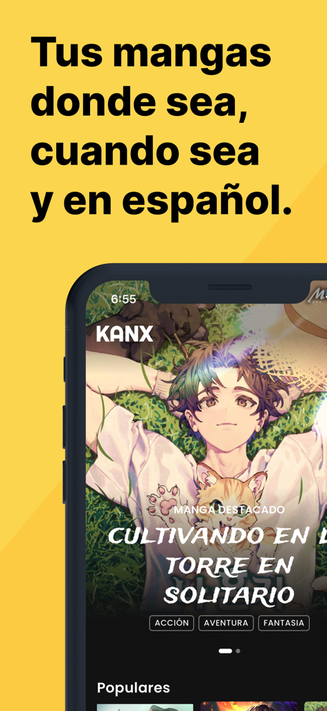 KanX mobile app interface displaying a featured manga with the text Your manga anywhere anytime and in Spanish.