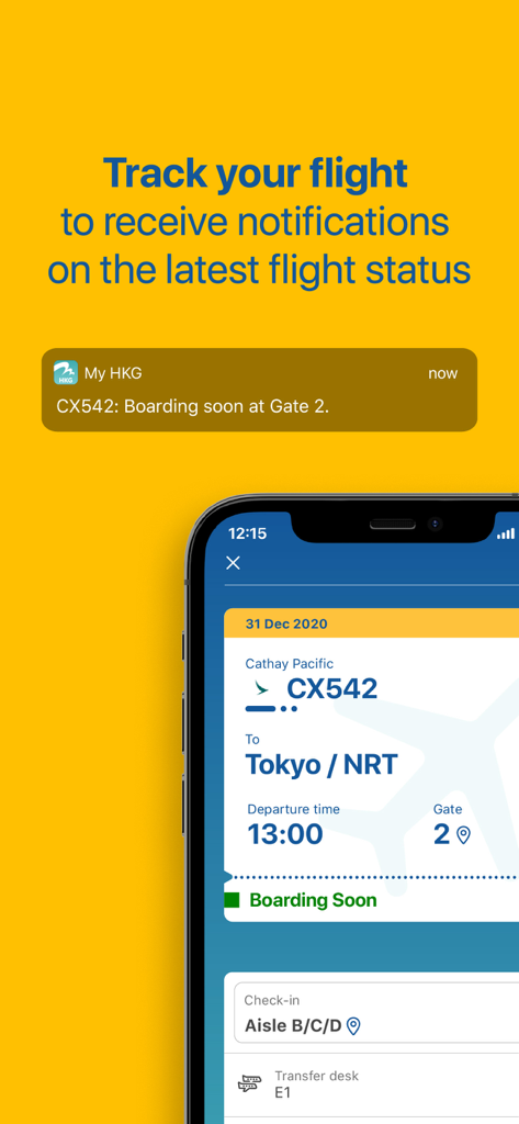 A smartphone screen displaying real-time flight tracking details and a boarding push notification from the My HKG app.