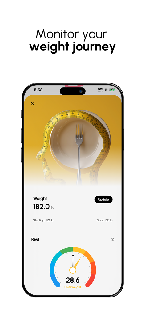 Calofit - AI Food Tracker - Interface of the Calofit app showing weight progress and BMI indicator gauge