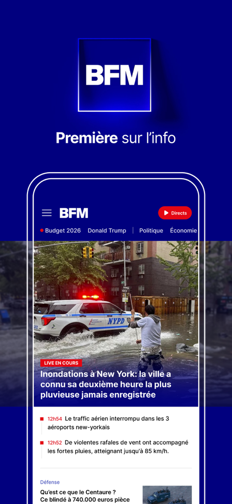 BFM : news, TV, radio en live - Ecrã da aplicação móvel BFM a exibir notícias sobre inundações na cidade de Nova Iorque com um feed de vídeo em direto