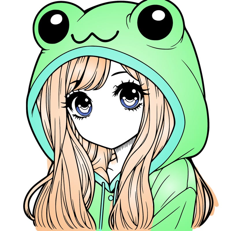 a pretty girl wearing a frog hoodie portrait with long hair