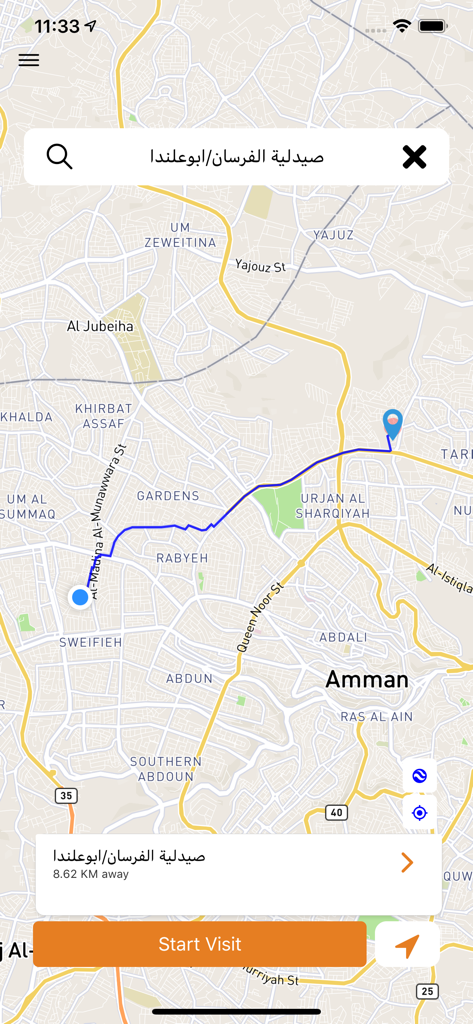 Repzo Pro - Map view in Repzo Pro app with navigation route and start visit button