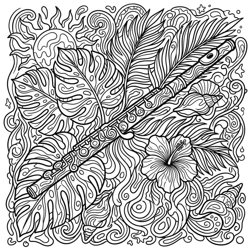 Let your creativity flow with this unique coloring page featuring a flute amidst a vibrant summer scene. Swirling psychedelic patterns, tropical leaves, and flowers await your colorful touch.