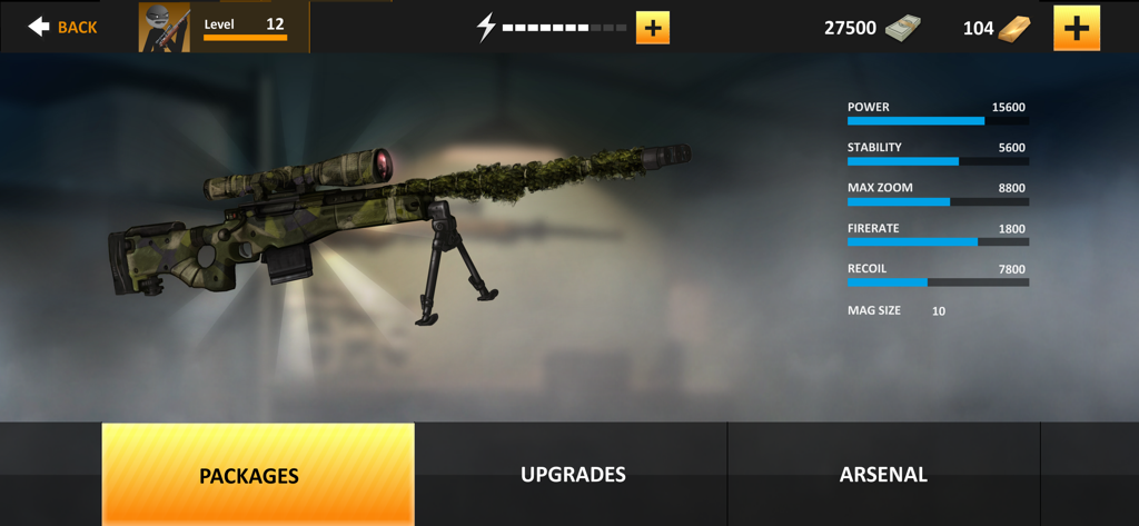 Sniper rifle customization screen showing weapon stats and camouflage in Clear Vision 4