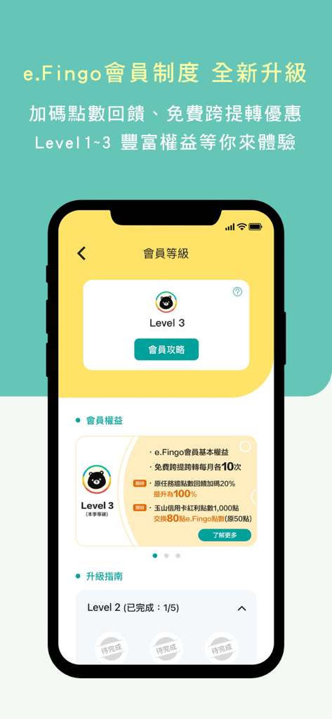玉山行動銀行 - E.SUN Mobile Bank 앱의 e.Fingo 멤버십 등급 3 상태 및 혜택.