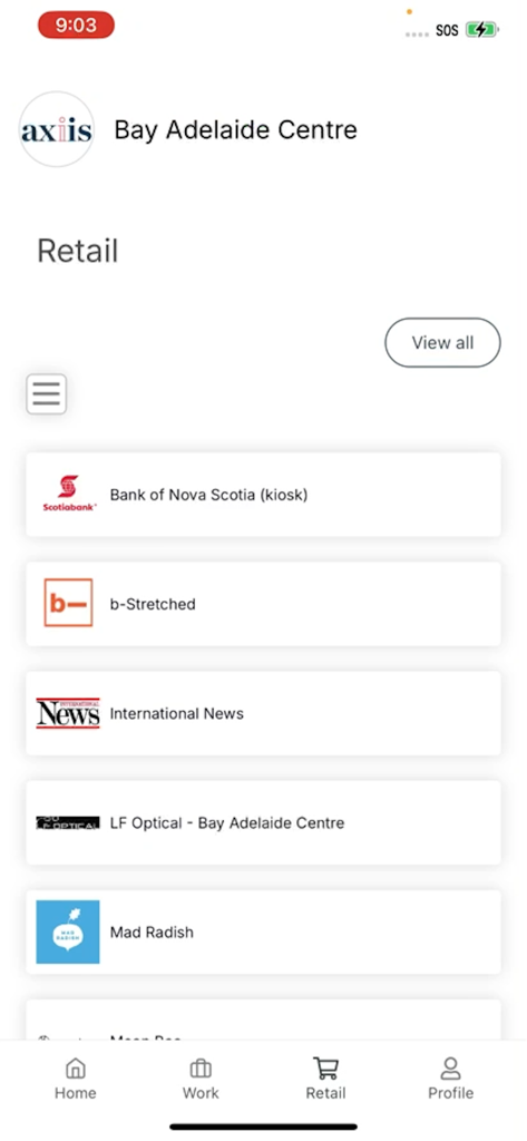 Retail directory interface of the axiis Tenant App showing store listings for the Bay Adelaide Centre.