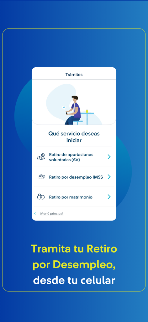 Afore SURA app interface showing the menu for unemployment withdrawal and other pension-related services