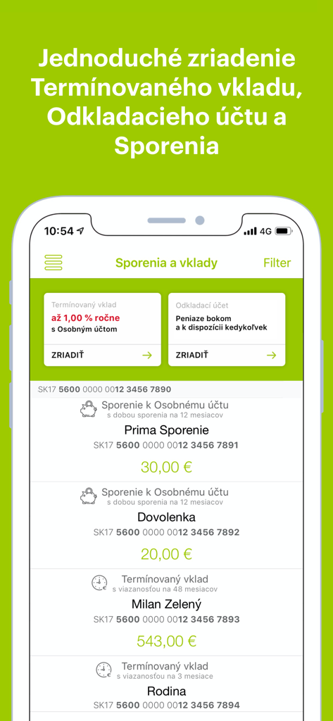 Mobile interface showing savings accounts and term deposit options in the Penazenka banking app