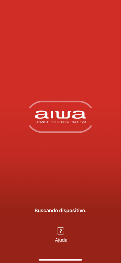 AIWA BR AUDIO - Tela inicial do aplicativo AIWA BR AUDIO com o logotipo e mensagem de busca de dispositivo em um fundo vermelho