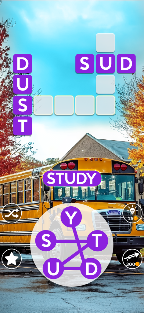Wordscapes gameplay screen showing a crossword puzzle with a school bus background