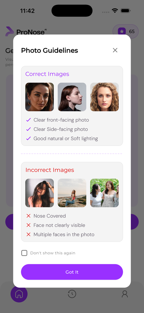 Photo guidelines screen for ProNose AI showing examples of correct and incorrect images for rhinoplasty simulation