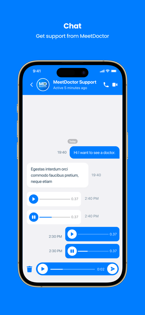 MeetDoctor - MeetDoctor app chat interface showing a support conversation with text and voice messages.