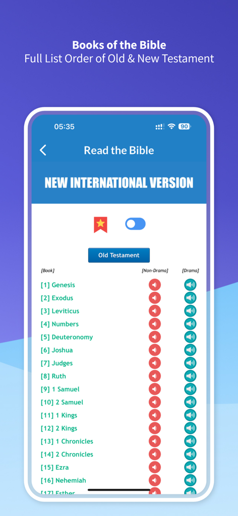 Holy Bible NIV - Audio & Verse - La aplicación Santa Biblia NIV mostrando la lista de libros del Antiguo Testamento con botones de reproducción de audio