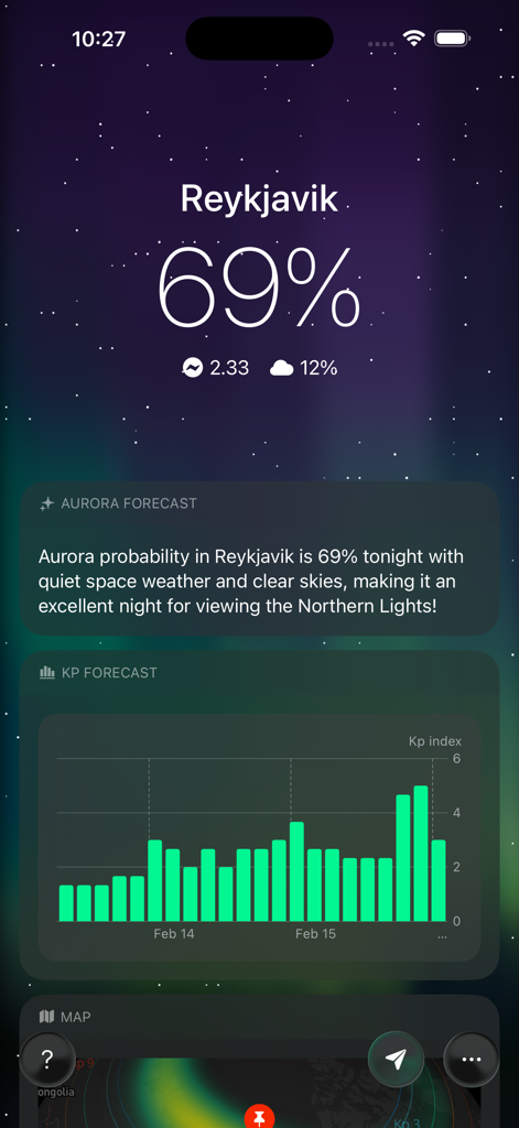 Borealis: Aurora Tracker - Pantalla de la aplicación Borealis que muestra un 69 por ciento de probabilidad de aurora en Reikiavik con un gráfico de pronóstico del índice Kp y fondo de cielo estrellado