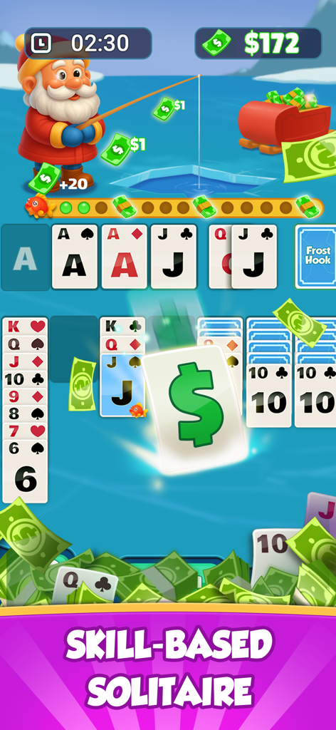 Pantalla del juego móvil Solitaire Thrill mostrando solitario basado en habilidades con un personaje de Santa y recompensas en efectivo