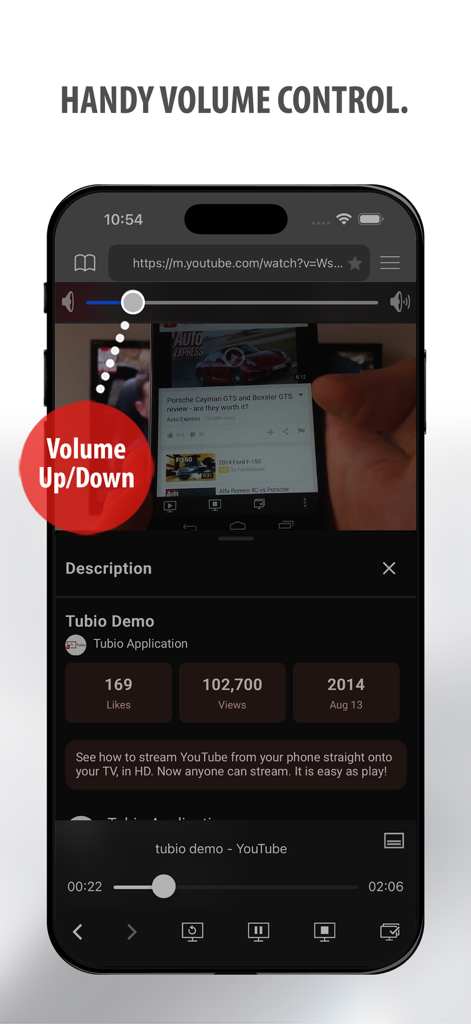 Tubio - Cast Web Videos to TV - Captura de tela do iPhone do aplicativo Tubio destacando o útil recurso de controle de volume ao transmitir um vídeo do YouTube.