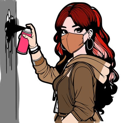 realistic girl with mask spray painting a wall