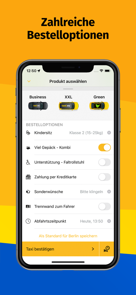 Taxi.eu mobile app screen displaying vehicle selection and booking preferences like child seats and luggage options