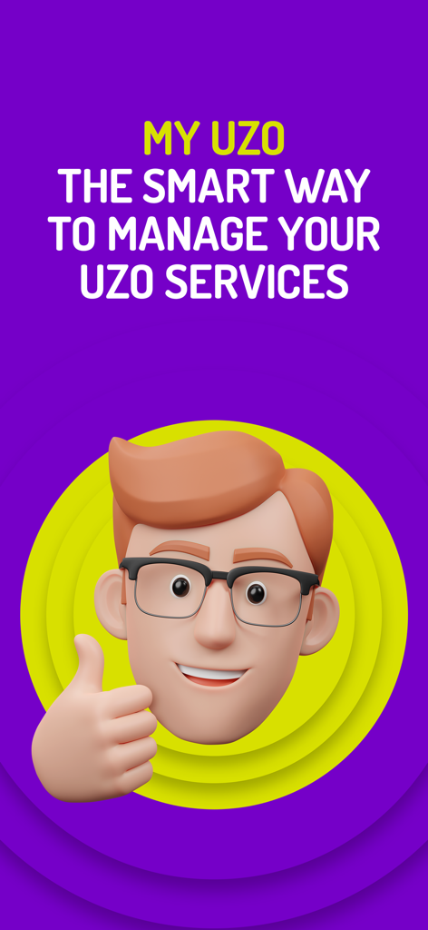 Tela de introdução do aplicativo meu UZO com um personagem 3D e texto descrevendo o gerenciamento inteligente de serviços