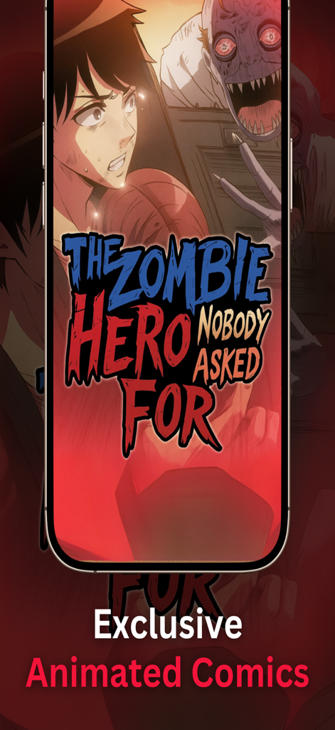 AniShort: Animated Comics - Cena de quadrinhos animados verticais intitulada O Herói Zumbi Que Ninguém Pediu do aplicativo AniShort