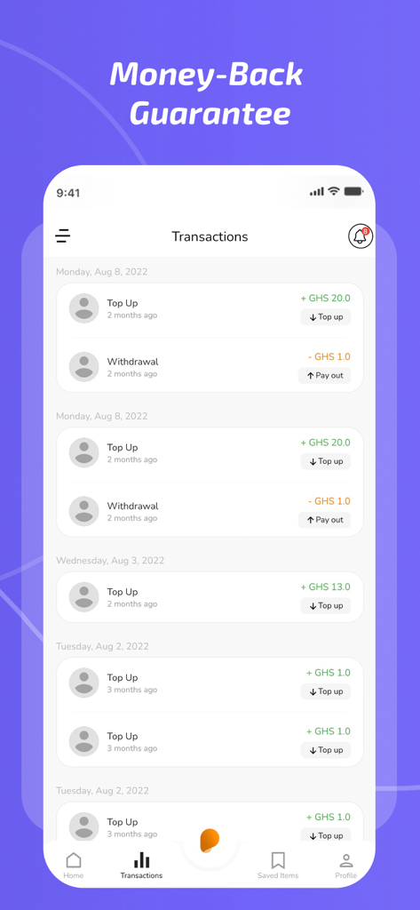 Pamo - Tela de histórico de transações no aplicativo Pamo mostrando uma lista de recargas e saques da carteira digital.