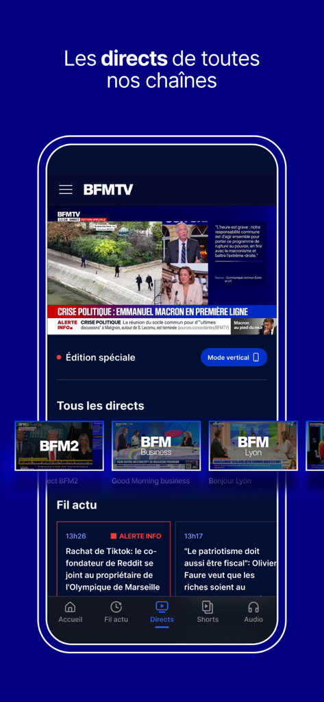 BFM : news, TV, radio en live - Interface da aplicação de notícias BFM com canais de TV em direto e transmissões regionais