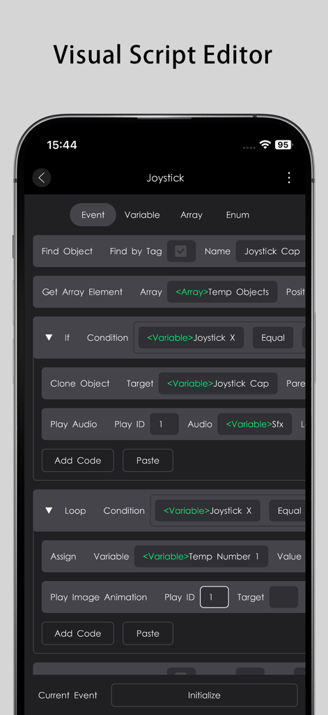 Game Maker Go - Mobile interface of the visual script editor showing no-code logic blocks for game development