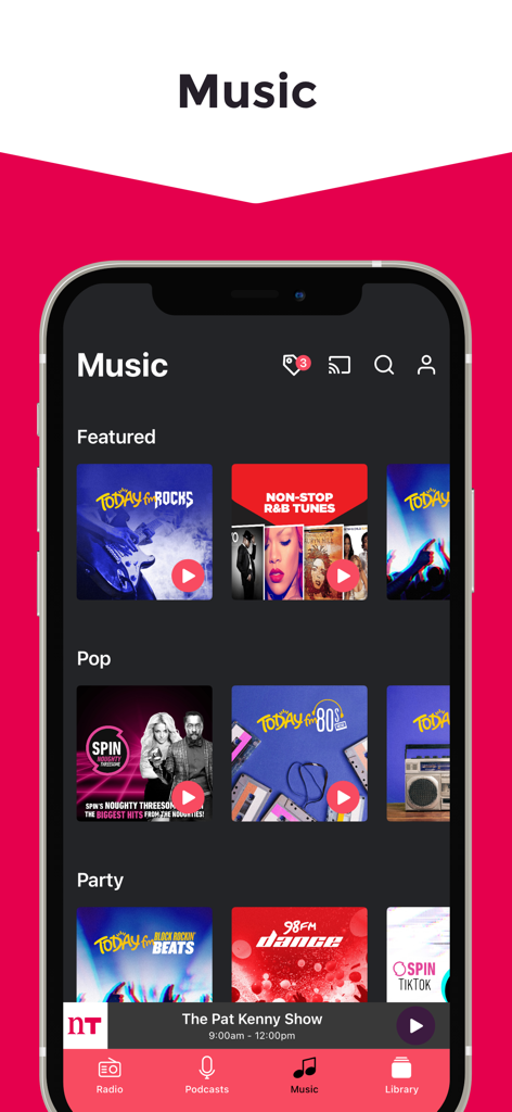 The music discovery screen of the Newstalk app featuring various radio station playlists