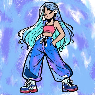 girl in baggy pants crop top and long hair