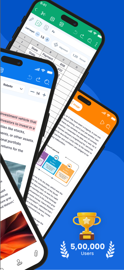 Mobile app interface showing document editing, spreadsheet, and presentation tools with 500,000 users milestone.