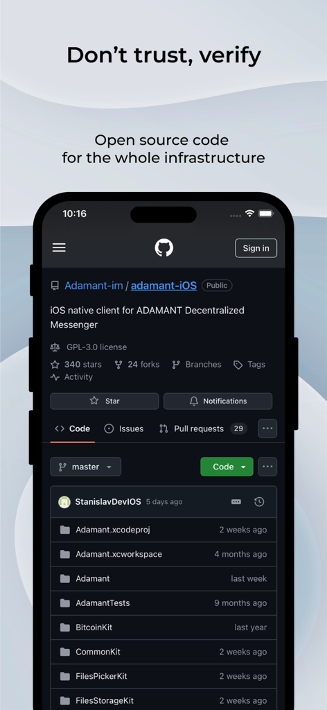 ADAMANT Messenger - Smartphone screen displaying the open source code of ADAMANT Messenger on GitHub