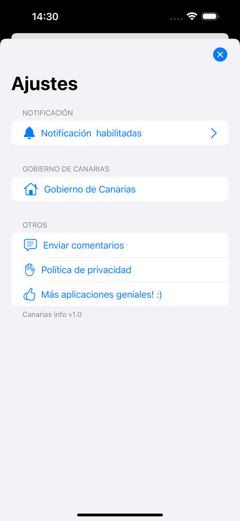 Canarias info - 通知とプライバシーポリシーのオプションを示すCanarias infoアプリの設定画面