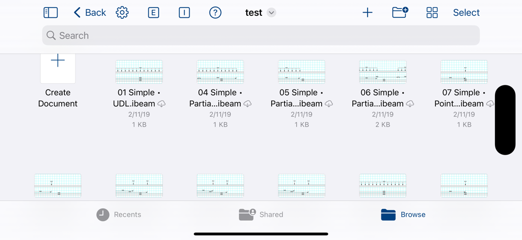 iBeams Pro - File manager interface in iBeams Pro showing a library of saved structural beam design documents