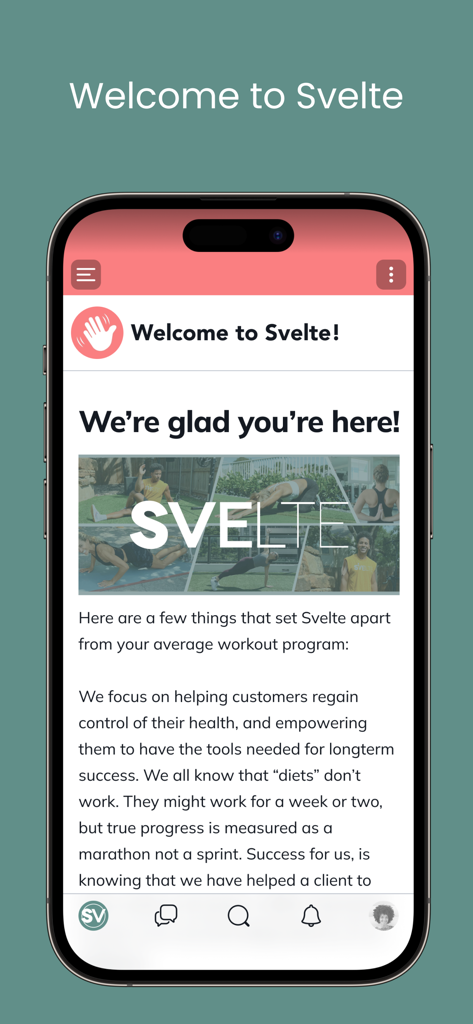 Tela de boas-vindas do aplicativo Svelte At Home Fitness com uma mensagem introdutória e uma colagem de pessoas se exercitando.