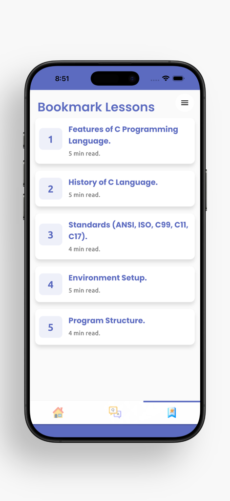 Learn C Programming - Guide - Pantalla de marcadores de lecciones en la aplicación Aprende Programación C que muestra una lista de temas que incluyen características e historia del lenguaje C