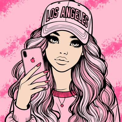 realistic beautiful girl wearing los ángeles cap holding an iphone