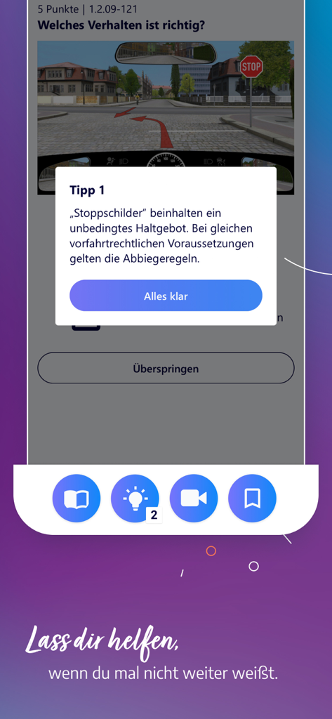 Fahren Lernen App-Bildschirm zeigt eine theoretische Fahrfrage mit einem hilfreichen Tipp-Popup.