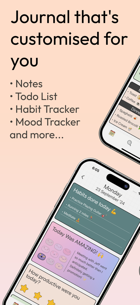 DayDew - Journal, Diary, Notes - DayDew app screenshot highlighting features like notes, to-do lists, habit tracking, and mood logging on a customized interface.