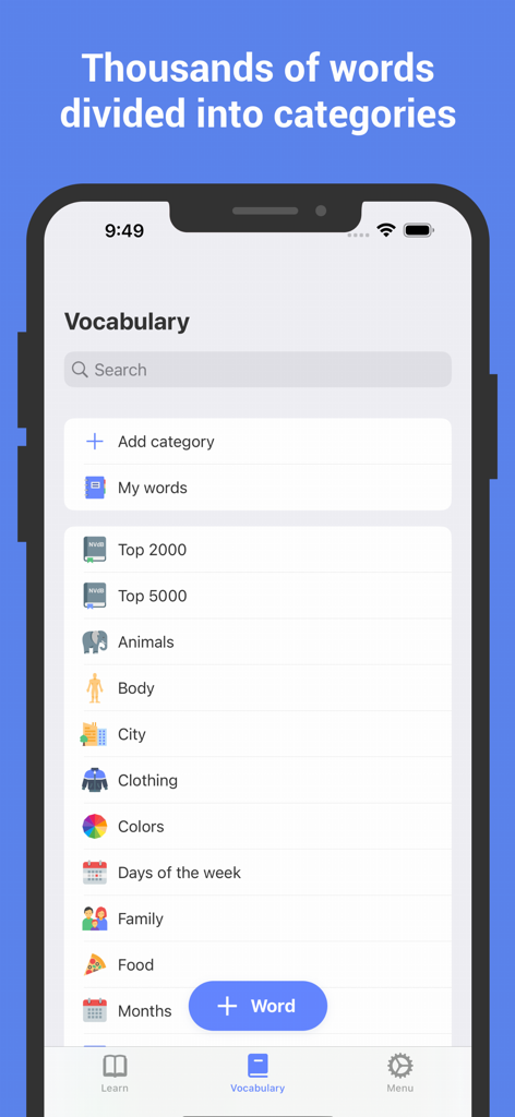 Bildschirm mit italienischen Vokabelkategorien wie Top-Wörter, Tiere und Stadt