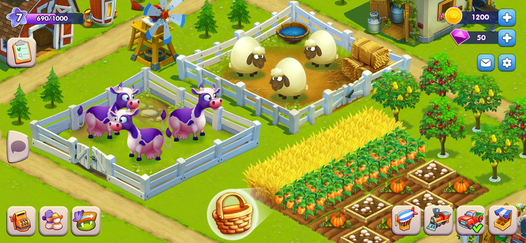 Top-down view of a colorful virtual farm with purple cows sheep wheat and pumpkin patches