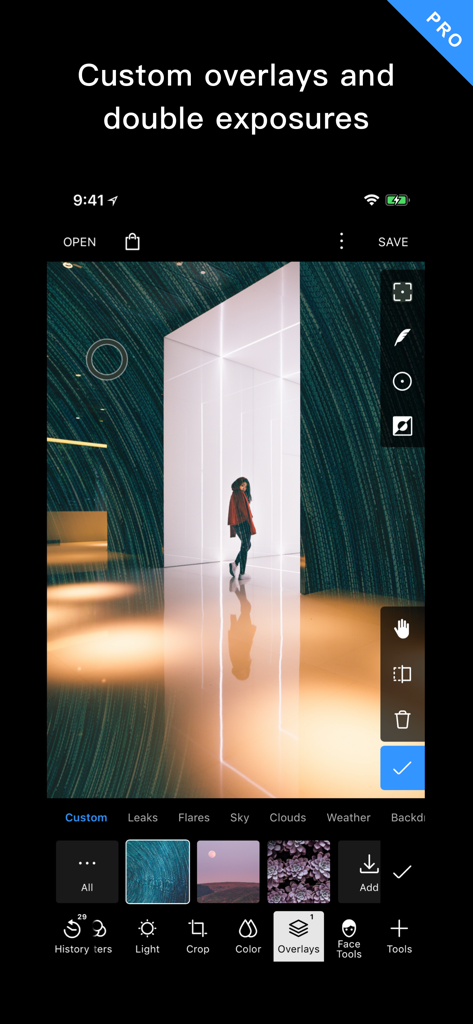 Polarr Pro app interface showing custom overlays and double exposure tools for photo editing