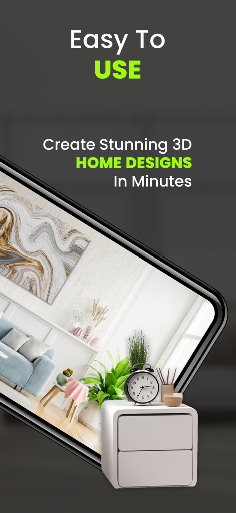 Captura de pantalla de la aplicación Home Design 3D mostrando un diseño interior 3D realista en la pantalla de un smartphone con texto sobre la creación fácil de diseños para el hogar