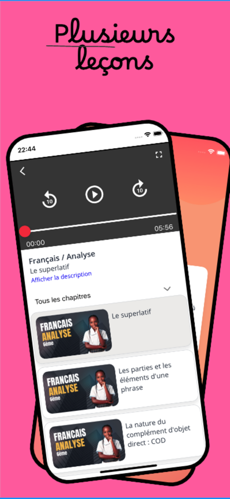 The Elimu app interface showing French grammar video lessons and a mobile media player