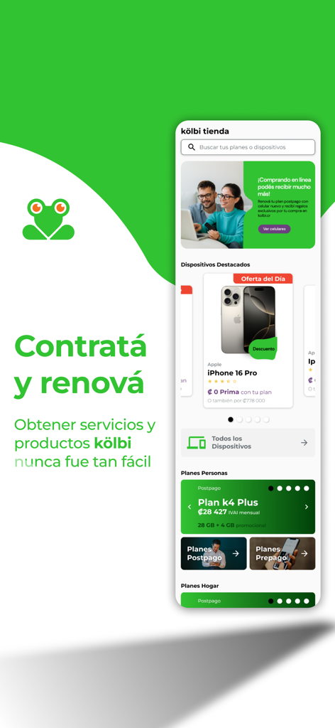 Interface de la boutique en ligne de l'application mobile mi kölbi affichant les smartphones et les forfaits mobiles en vedette pour les services du Costa Rica