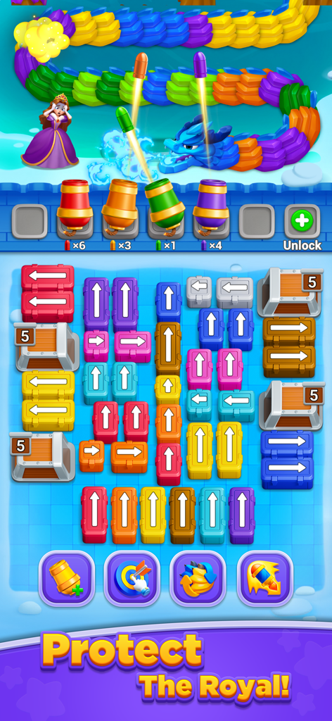 Princess Protect: Dragon Wars - Gameplay screenshot of Princess Protect Dragon Wars showing tower defense and color sorting mechanics to defend a princess against a dragon.