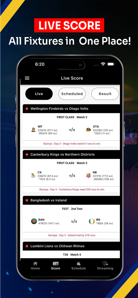 Styxnepal - Smartphone screen showing live cricket match scores and fixtures on the Styxnepal sports app.